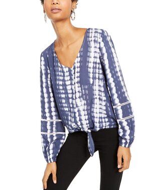 INC International Concepts Women V-Neck Long Sleeve Front Tie Top Blouse Size S